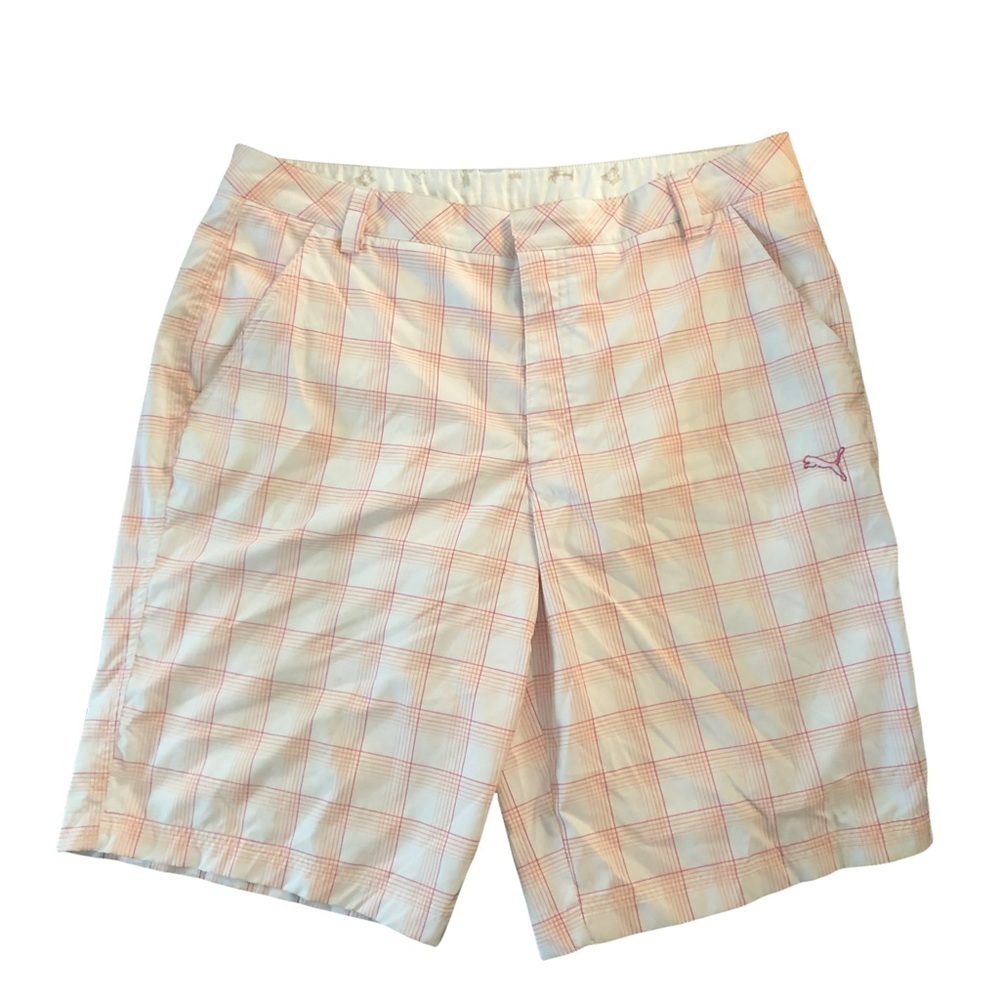 Puma Golf Men’s Pink White Plaid Tech Shorts Sz. 36 Summer Casual